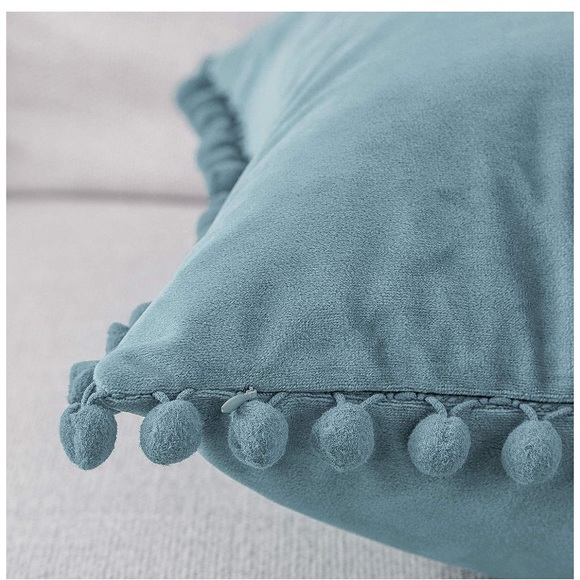 Dusty Light Blue Modern Preppy Pompom Throw Pillow Decorative Cute Cover Set - Picture 4 of 16